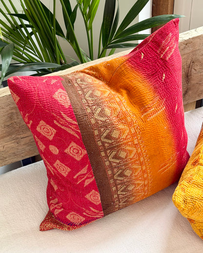 Vintage Kantha Cushion In Sunset Red and Orange - 45cm Square