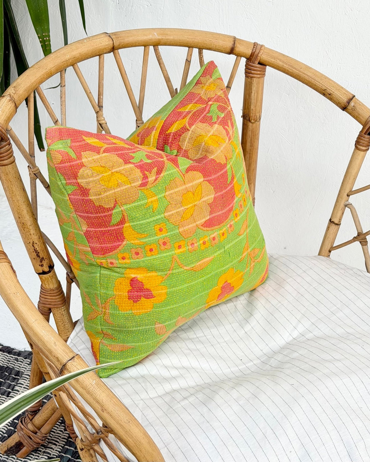 Handmade Reversible Vintage Kantha Cushion Cover In Green and Yellow - 45cm (18") - Biggs & Hill
