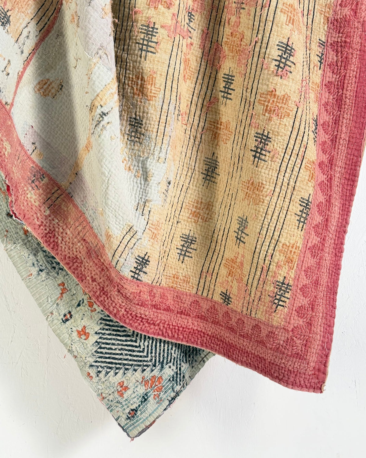 Large Textured Vintage Kantha Quilt in Peachy Pink and Yellow - Biggs & Hill