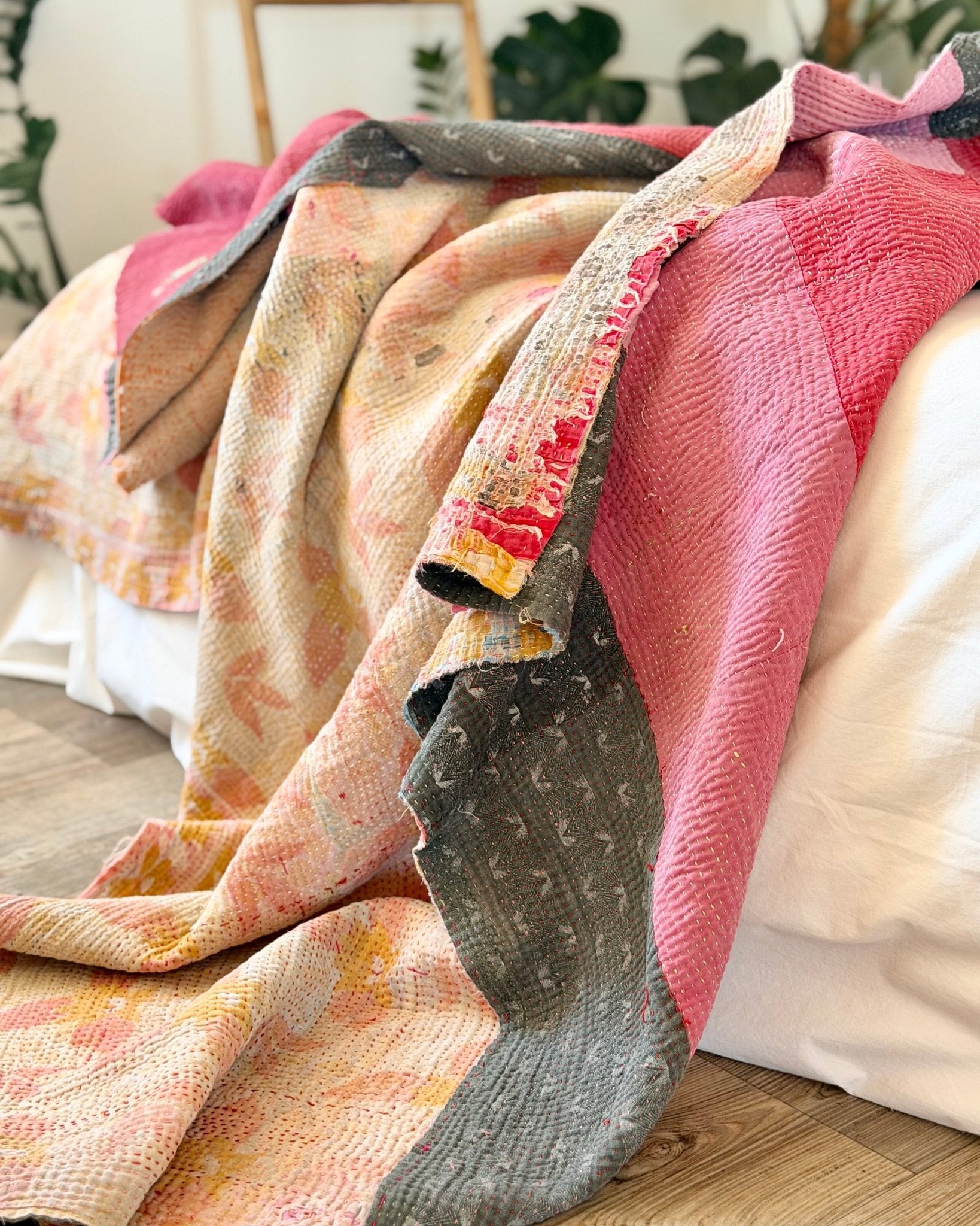 Fine Stitched Vintage Kantha Quilt in Vibrant Pink and Grey Patchwork - Biggs & Hill