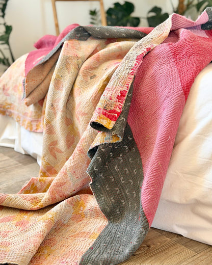 Fine Stitched Vintage Kantha Quilt in Vibrant Pink and Grey Patchwork - Biggs & Hill