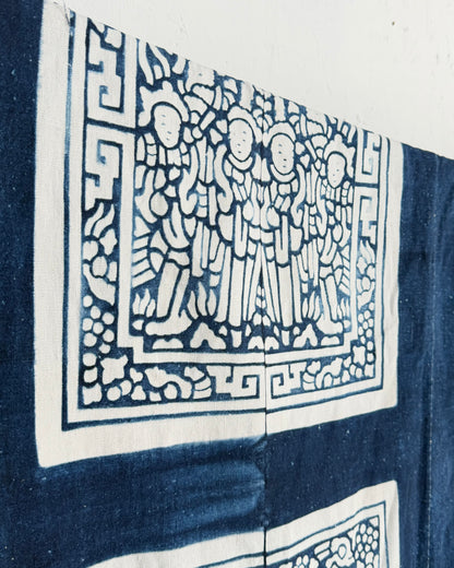 Vintage Chinese Blue Jiaxie Wedding Quilt Face – Drama Pattern