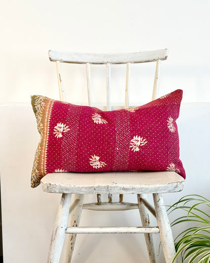 Vintage Kantha Cushion In Burgundy and Gold - Small Rectangular