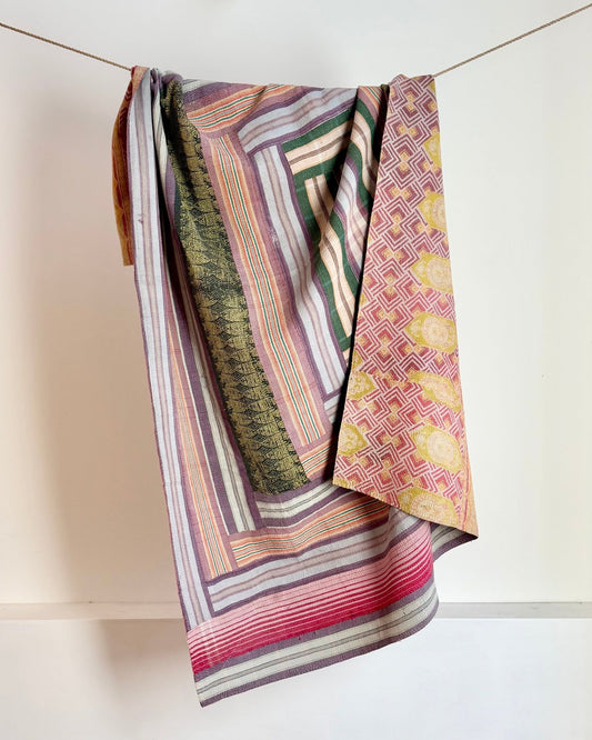 Fine Stitched Vintage Kantha Quilt in Purple Stripes and Pink Patterns - Biggs & Hill