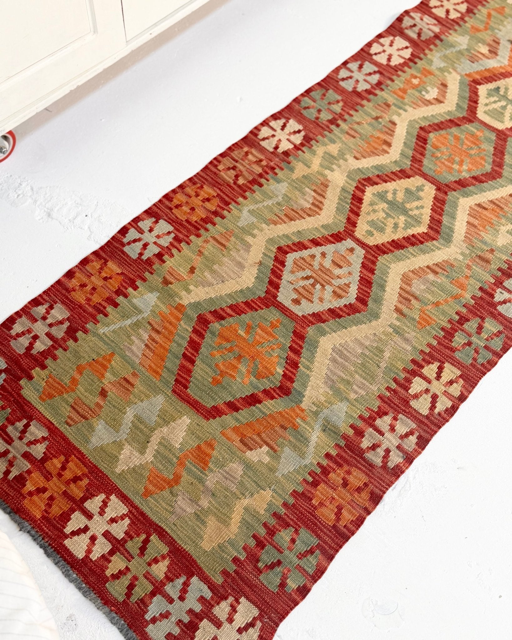 Terracotta and Green Afghan Chobi Kilim Rug - Biggs & Hill