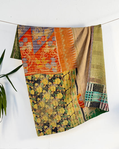 Large Textured Vintage Kantha Quilt In Green and Orange