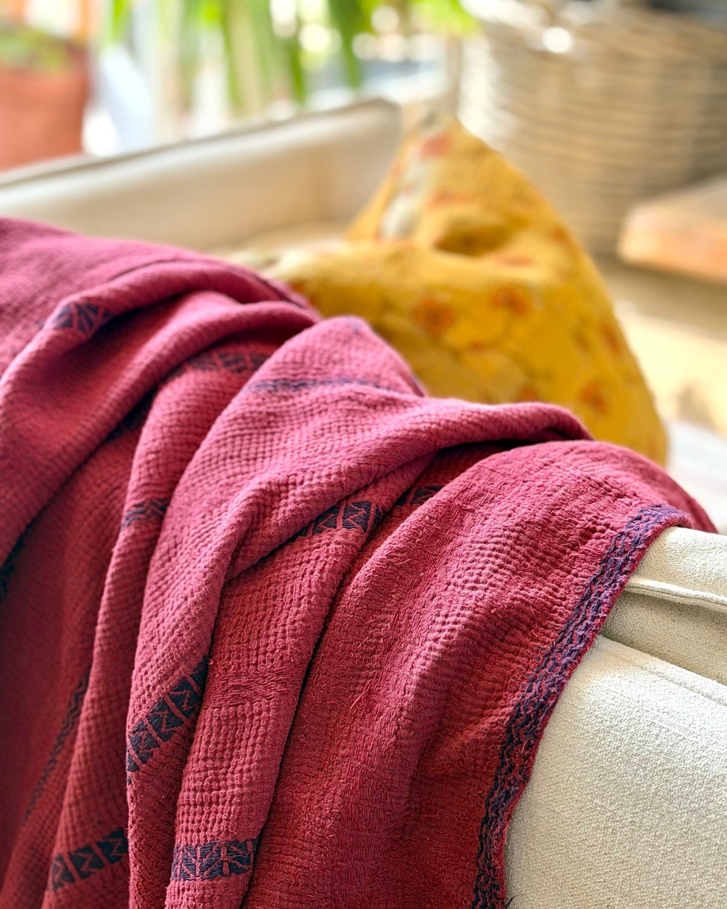 Fine Stitched Embroidered Vintage Kantha Quilt in Deep Plum Red - Biggs & Hill