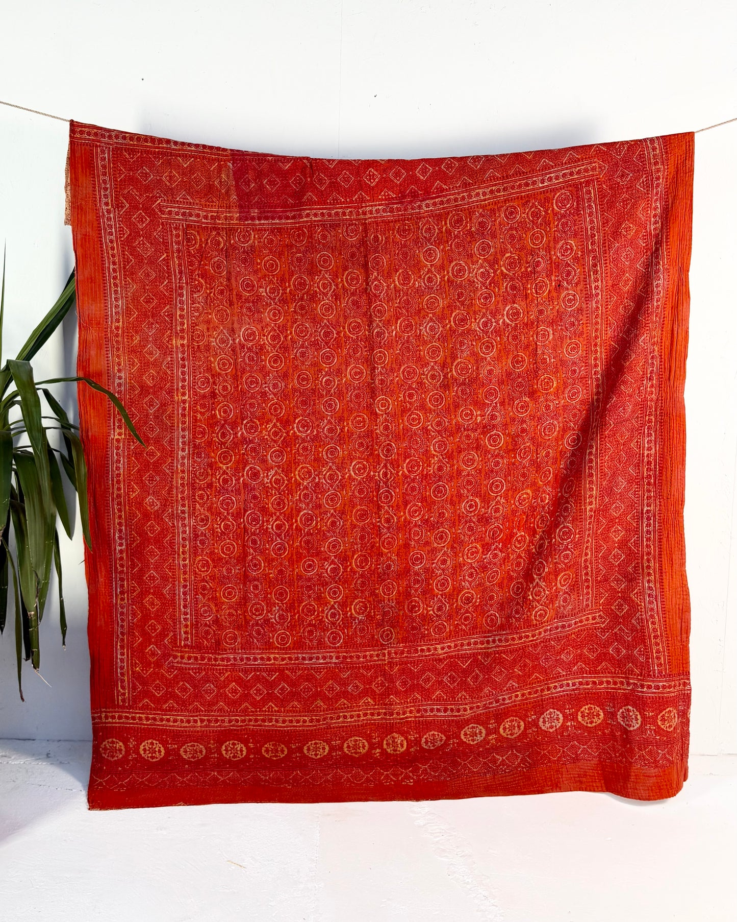 Extra Large Ajrakh Printed Vintage Kantha Quilt In Deep Red