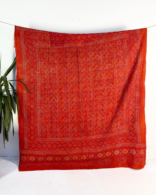 Extra Large Ajrakh Printed Vintage Kantha Quilt In Deep Red - Biggs & Hill