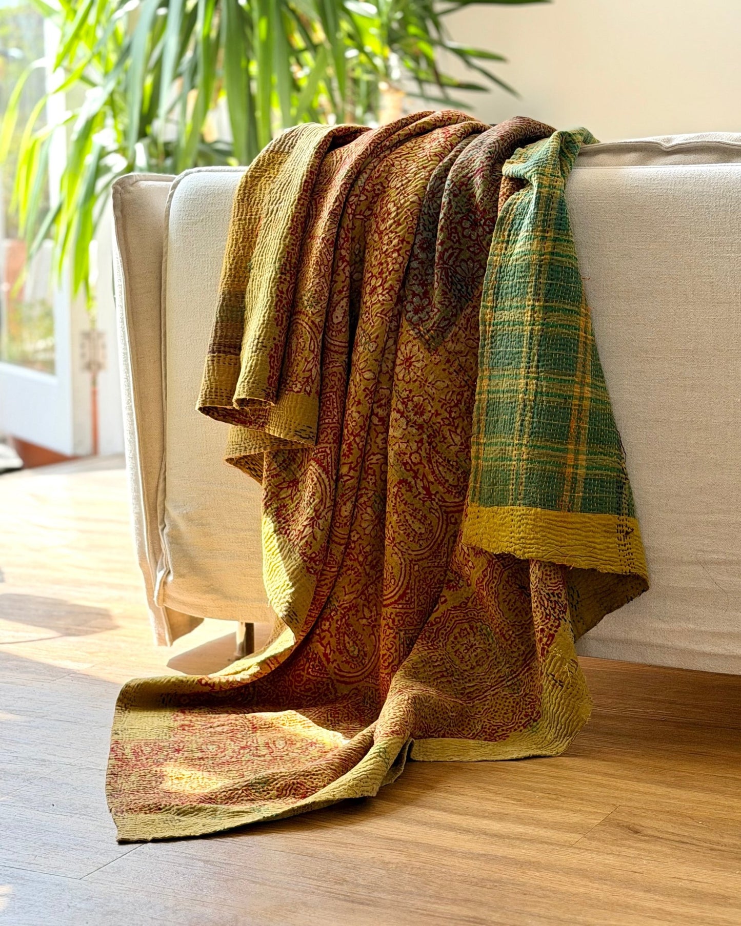 Ajrakh Printed Vintage Kantha Quilt In Green-Gold - Biggs & Hill