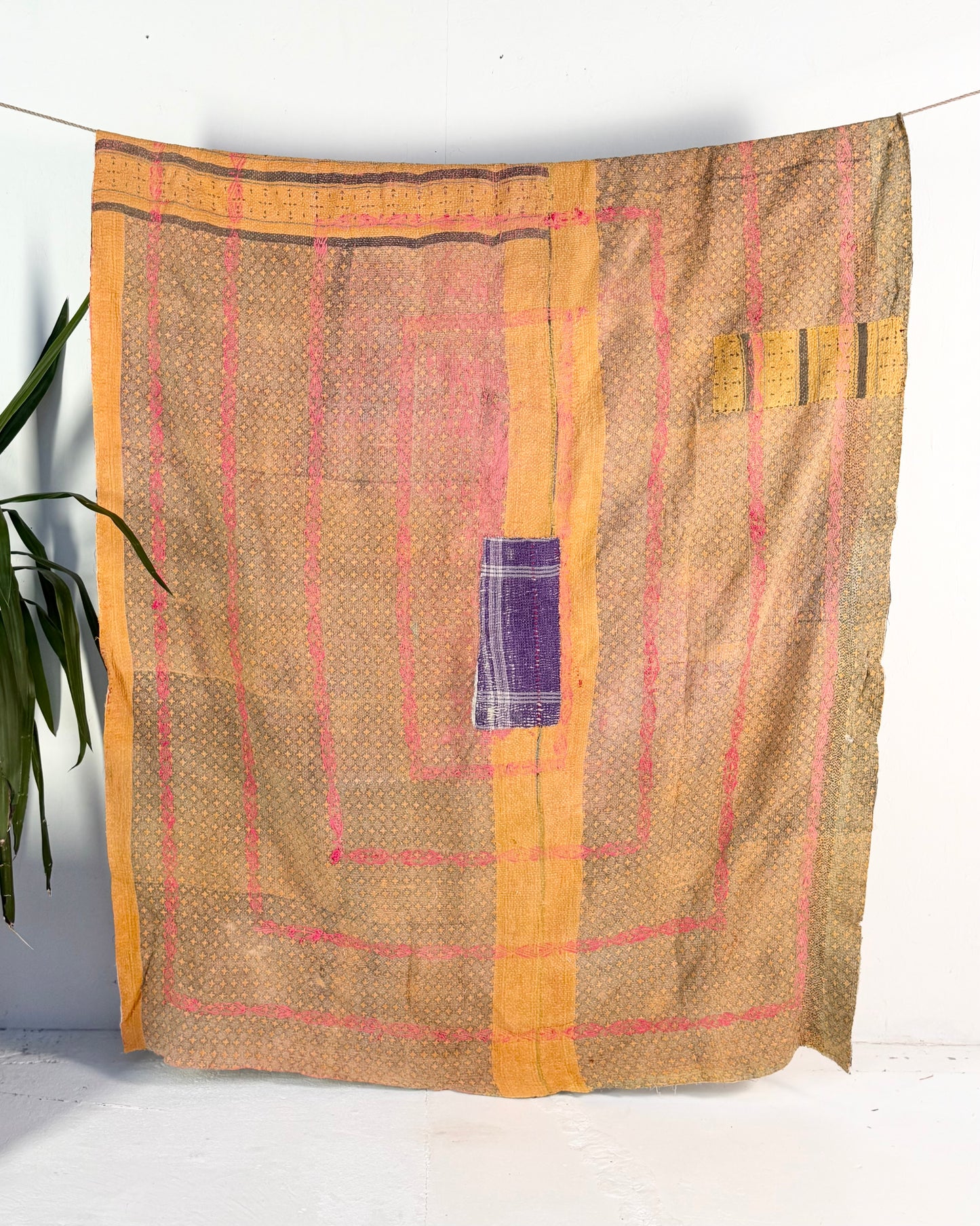 Embroidered Vintage Kantha Quilt in Yellow, Pink and White
