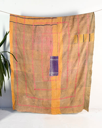 Embroidered Vintage Kantha Quilt in Yellow, Pink and White