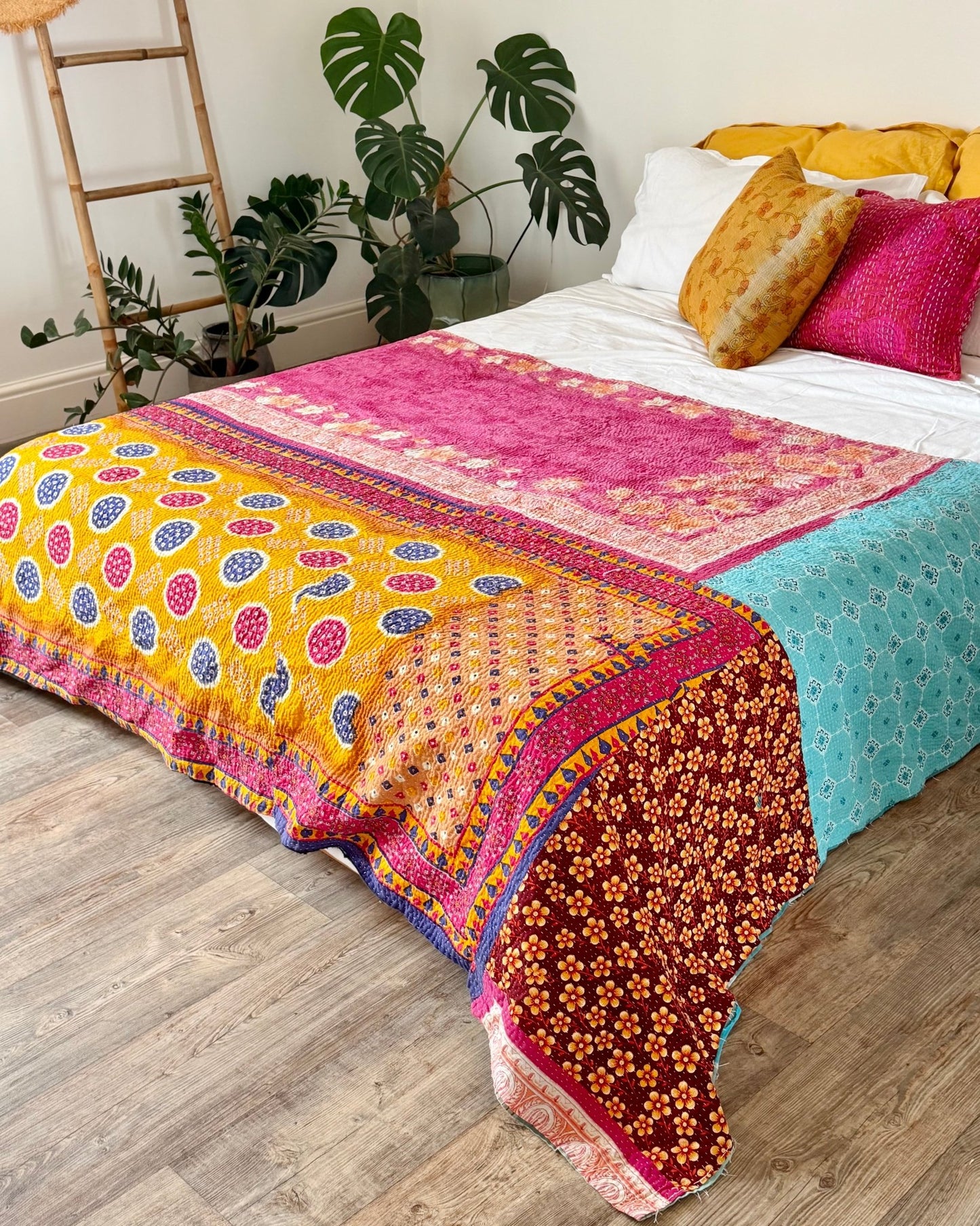 Large Fine Stitched Vintage Kantha Quilt in Pink, Turquoise and Yellow - Biggs & Hill