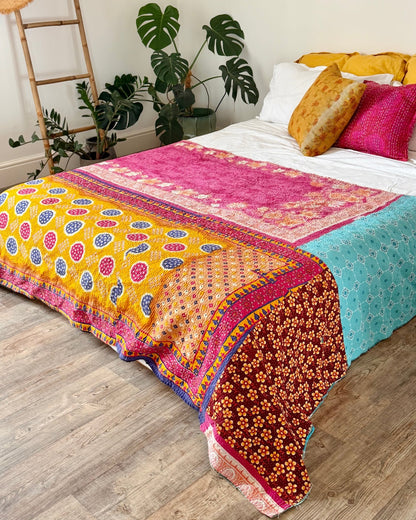 Large Fine Stitched Vintage Kantha Quilt in Pink, Turquoise and Yellow - Biggs & Hill