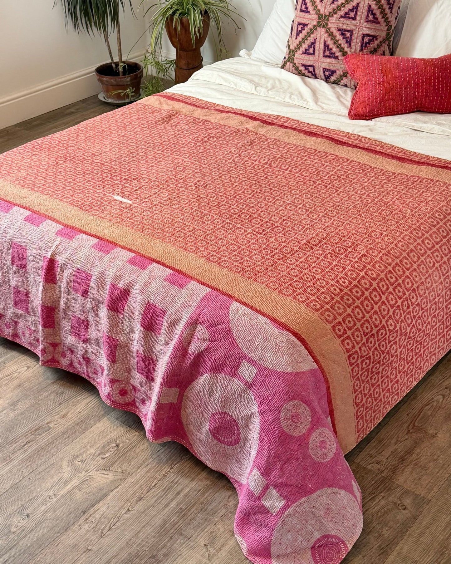 Large Fine Stitched Vintage Kantha Quilt With Pink Squares - Biggs & Hill