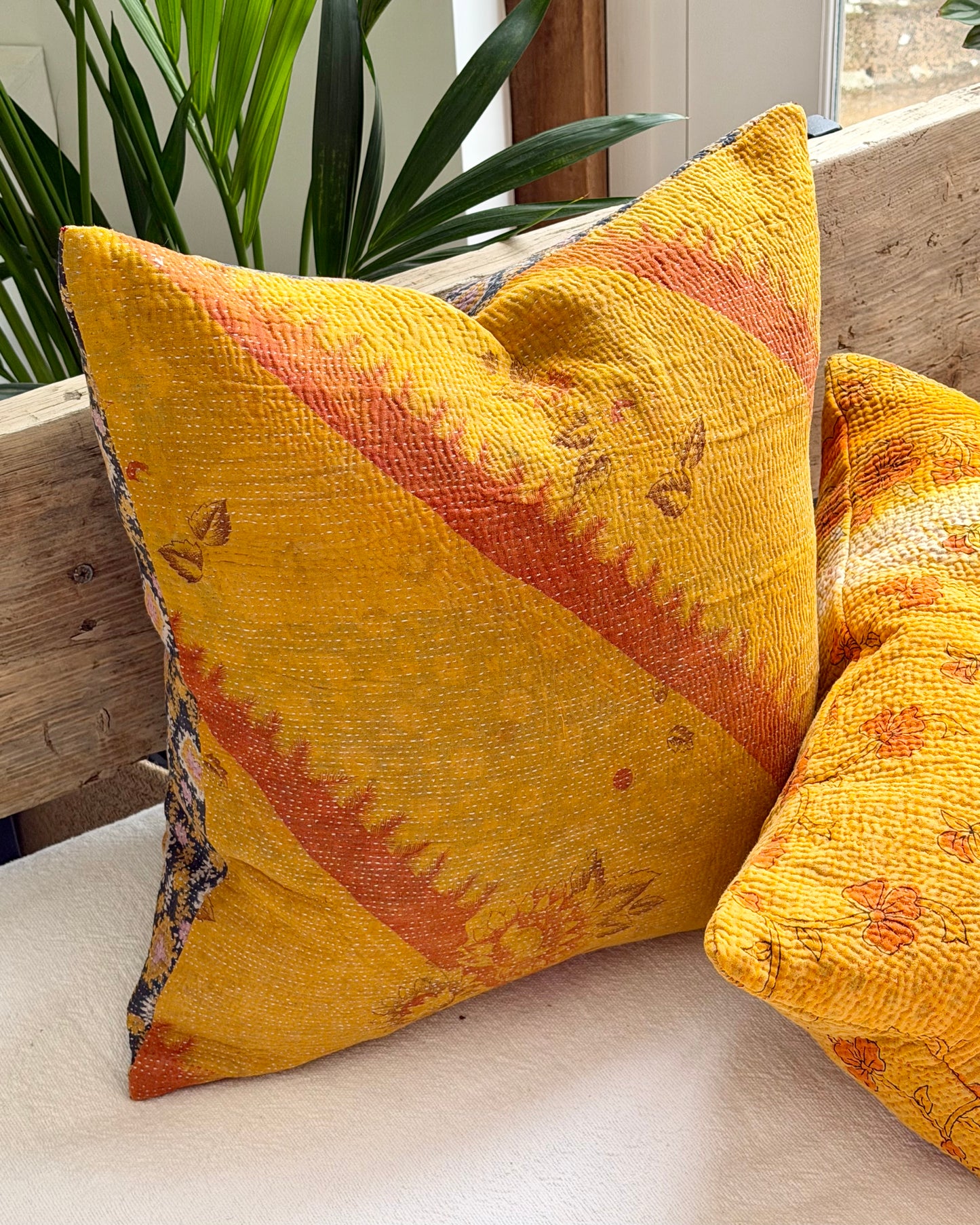 Vintage Kantha Cushion In Yellow and Blue - 45cm Square