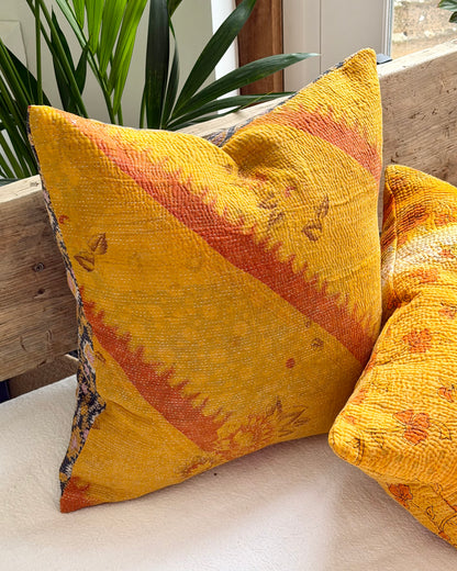 Vintage Kantha Cushion In Yellow and Blue - 45cm Square
