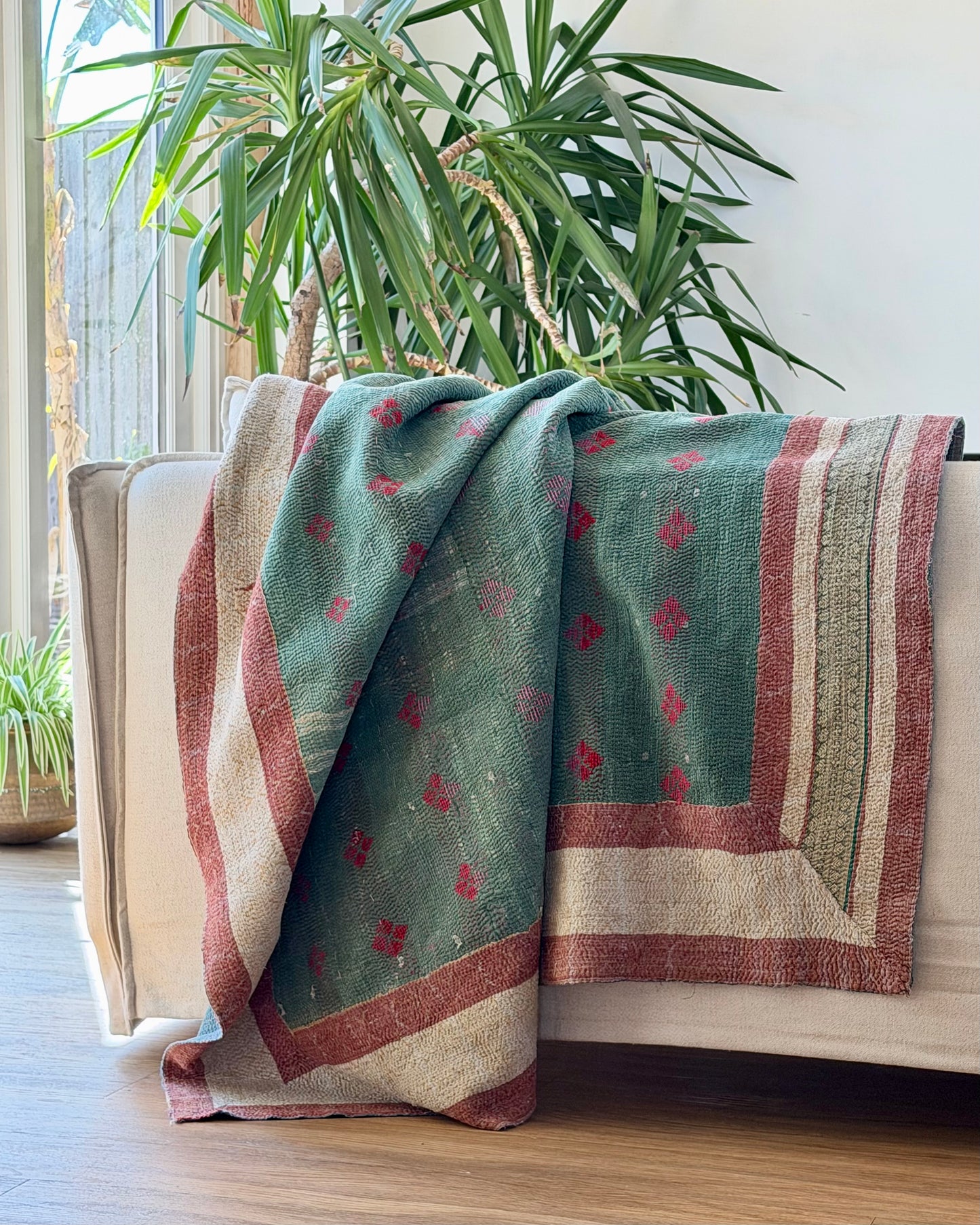 Fine Stitched Thick Vintage Kantha Quilt in Green With Red Embroidery
