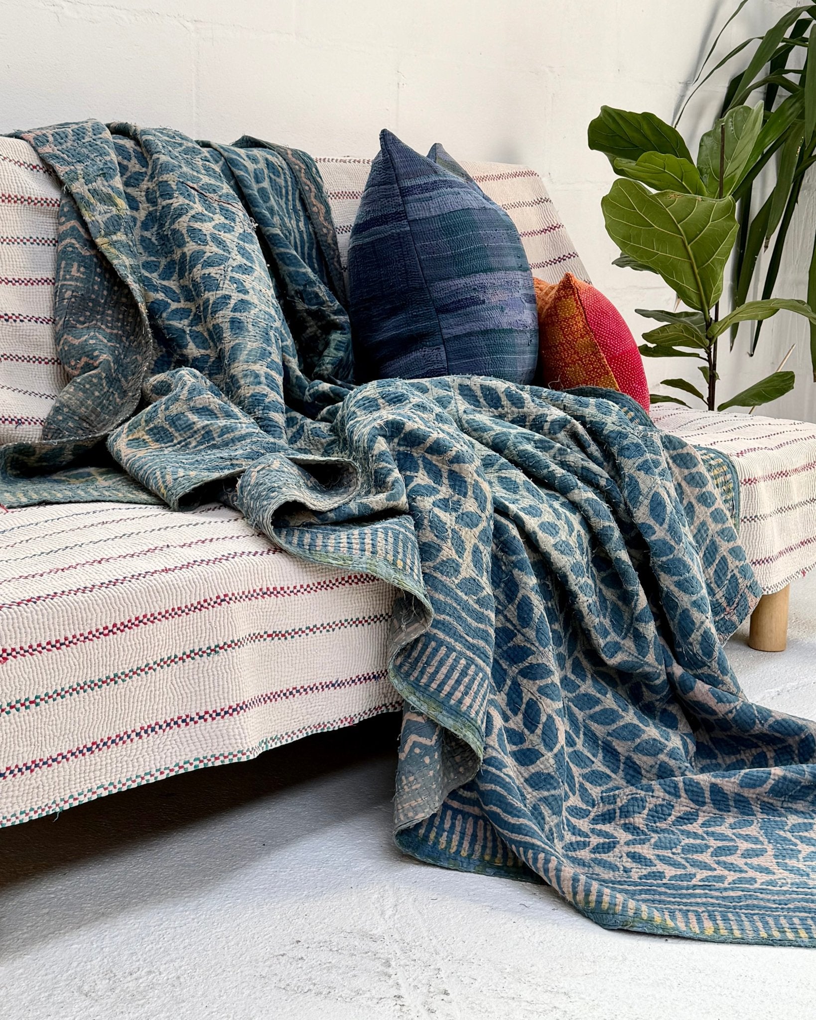 Large Heavy Indigo Print Kantha Quilt - Biggs & Hill