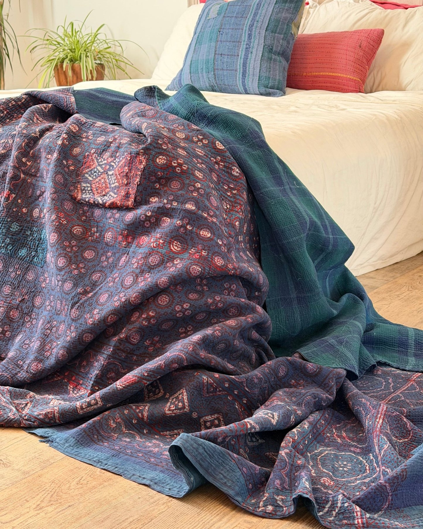 Ajrak Printed Vintage Kantha Quilt In Deep Blue - Biggs & Hill