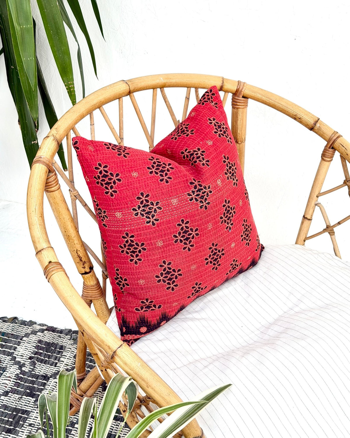 Handmade Reversible Vintage Kantha Cushion Cover In Red and Black - 45cm (18") - Biggs & Hill