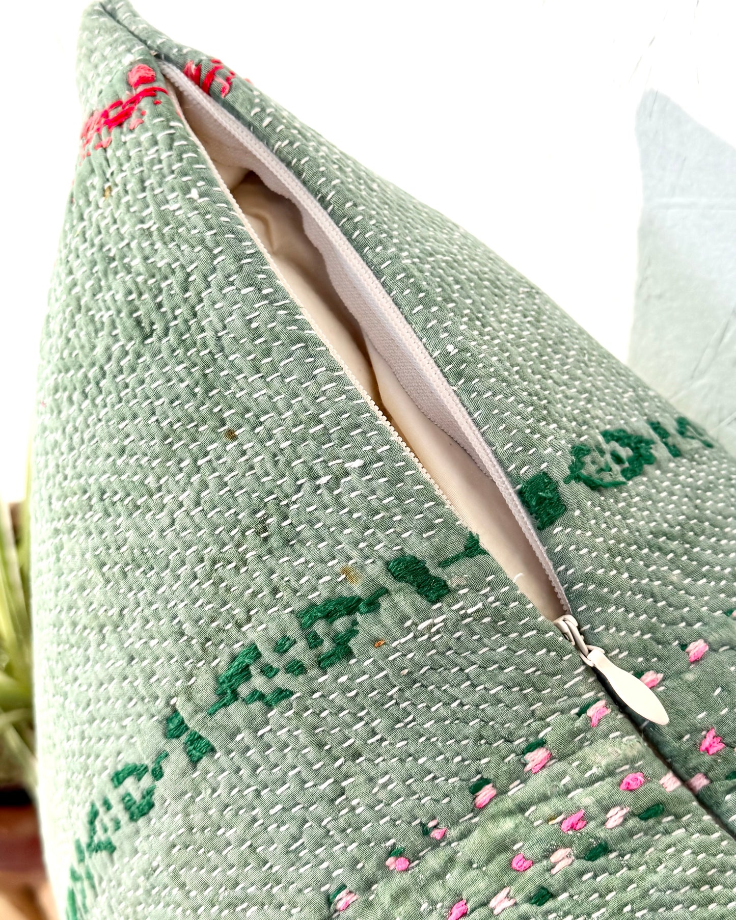 Vintage Kantha Cushion Cover In Soft Green With Orange Embroidery - 50cm Square