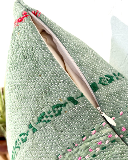 Vintage Kantha Cushion Cover In Soft Green With Orange Embroidery - 50cm Square