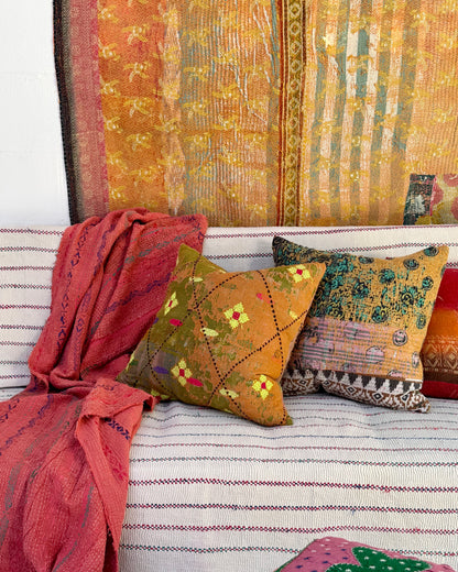 Vintage Kantha Cushion Cover In Textured Orange and Green - 50cm Square