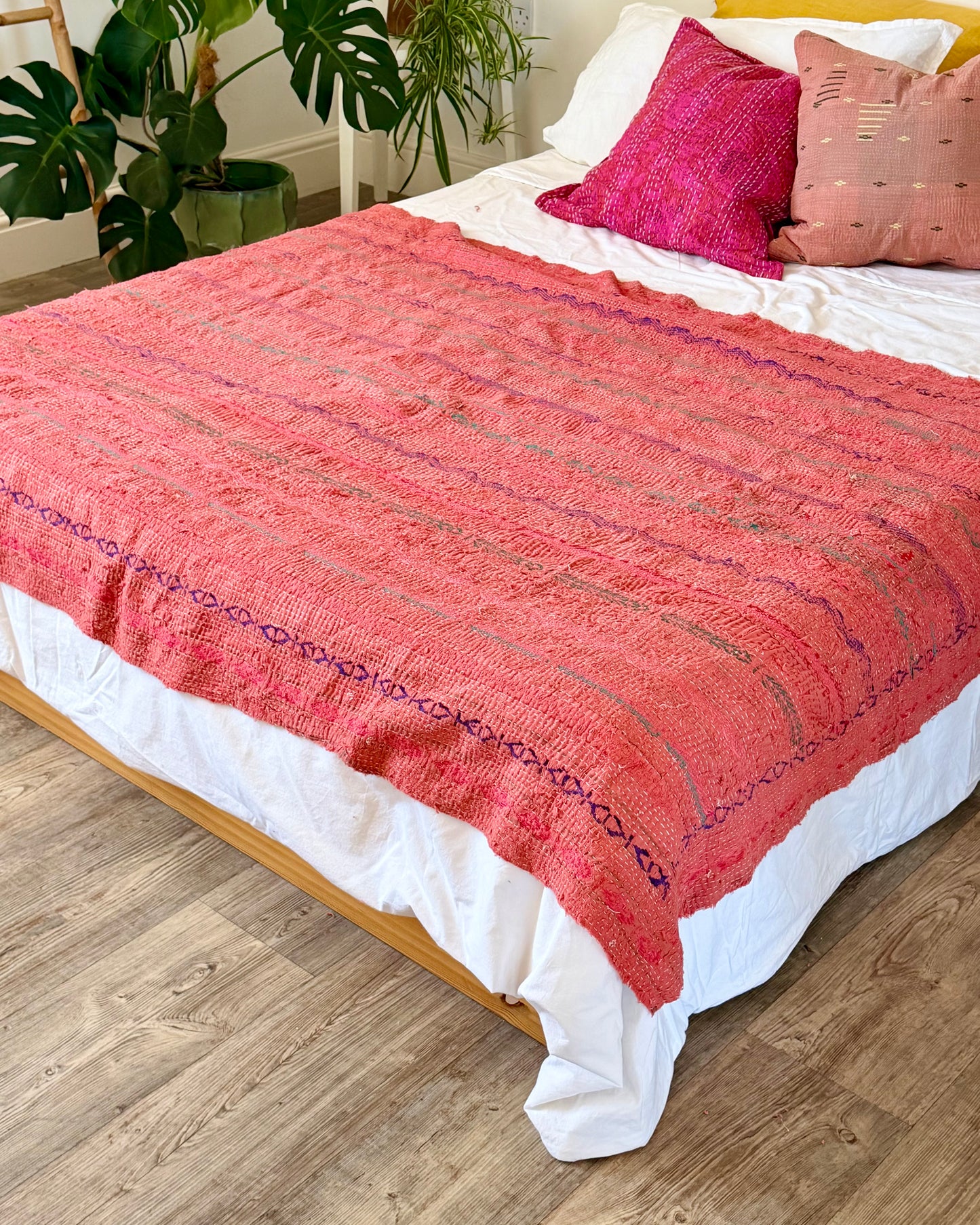 Textured and Embroidered Vintage Kantha Quilt In Deep Pink
