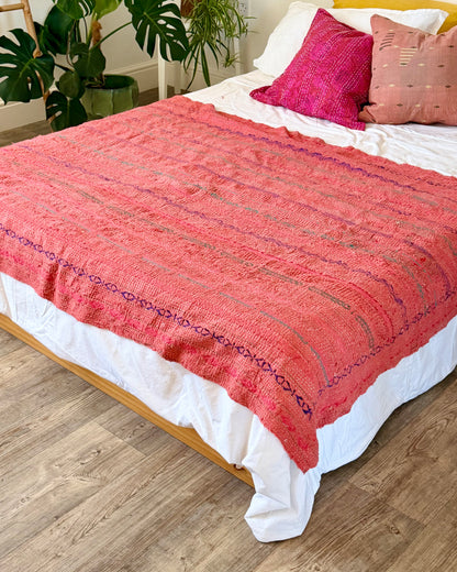 Textured and Embroidered Vintage Kantha Quilt In Deep Pink