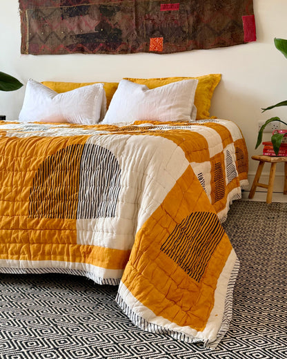 Quilted Kantha In Black, White and Orange With Geometric Squares - SUPER KING - Biggs & Hill