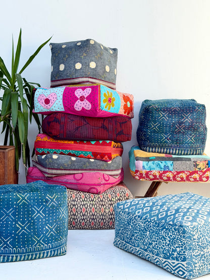 Cube Kantha Pouf Cushion Cover With Blue and Purple Stripes