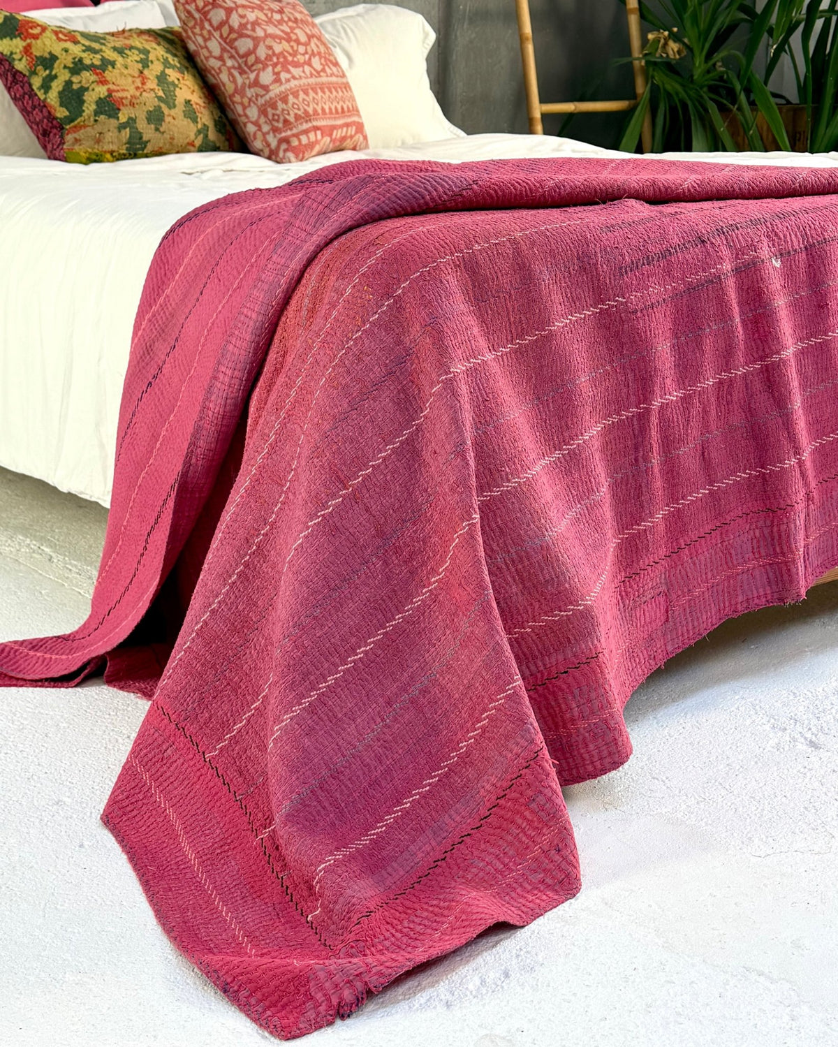 Embroidered Vintage Kantha Quilt in Pink - Biggs & Hill