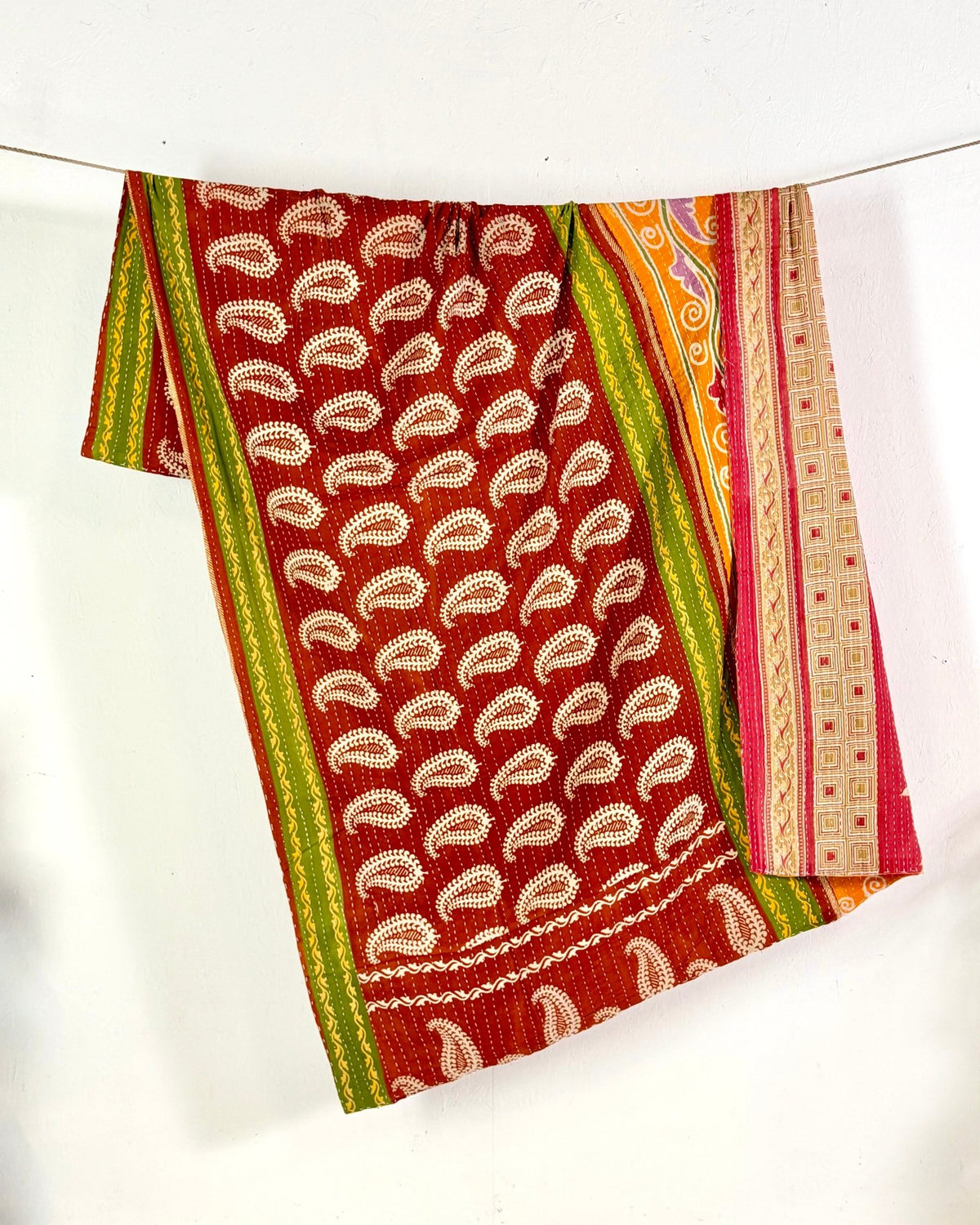 Vintage Cotton Kantha Quilt In Orange, Terracotta and Green 09 - Biggs & Hill