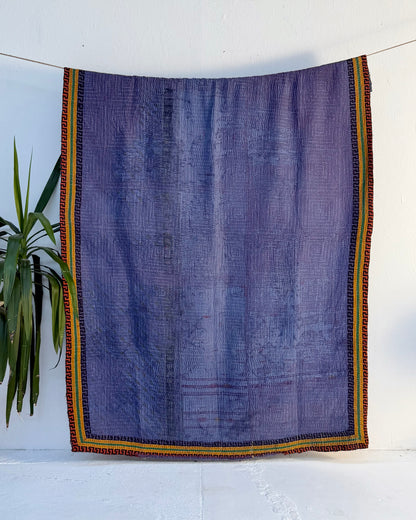 Indigo Print Kantha Quilt With Border