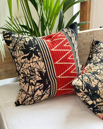 Vintage Kantha Cushion In Black and Red- 45cm Square
