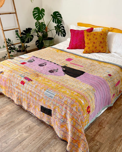 Large Textured Vintage Kantha Quilt In Abstract Pink, Purple and Yellow - Biggs & Hill