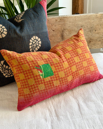 Vintage Kantha Cushion In Pink and Yellow - Small Rectangular