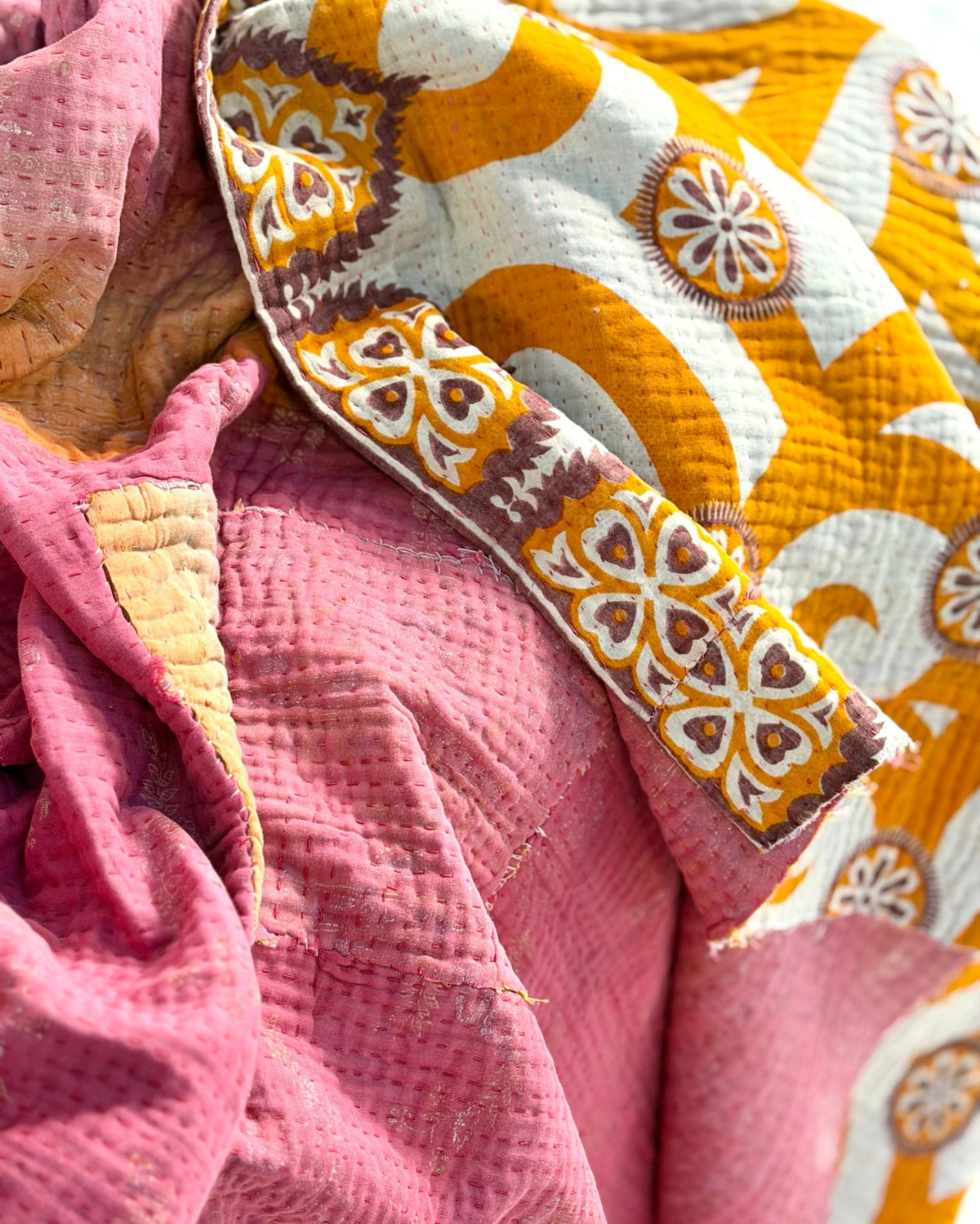Fine Stitched Vintage Kantha Quilt with Geometric Orange Patterns - Biggs & Hill
