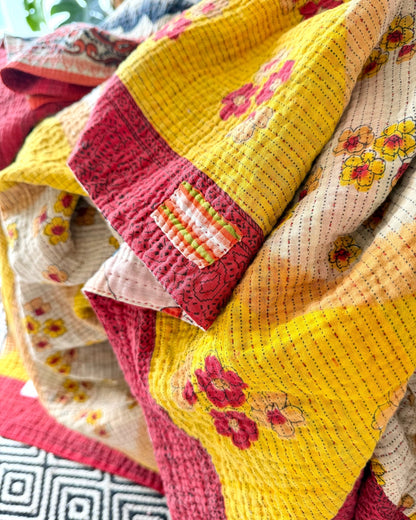 Extra Large Fine Stitched Vintage Kantha Quilt in Geometric Red and Yellow - Biggs & Hill