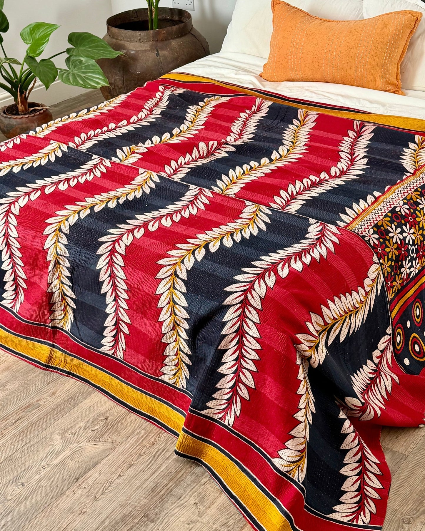 Extra Large Fine Stitched Vintage Kantha Quilt in Red, Navy and Green - Biggs & Hill