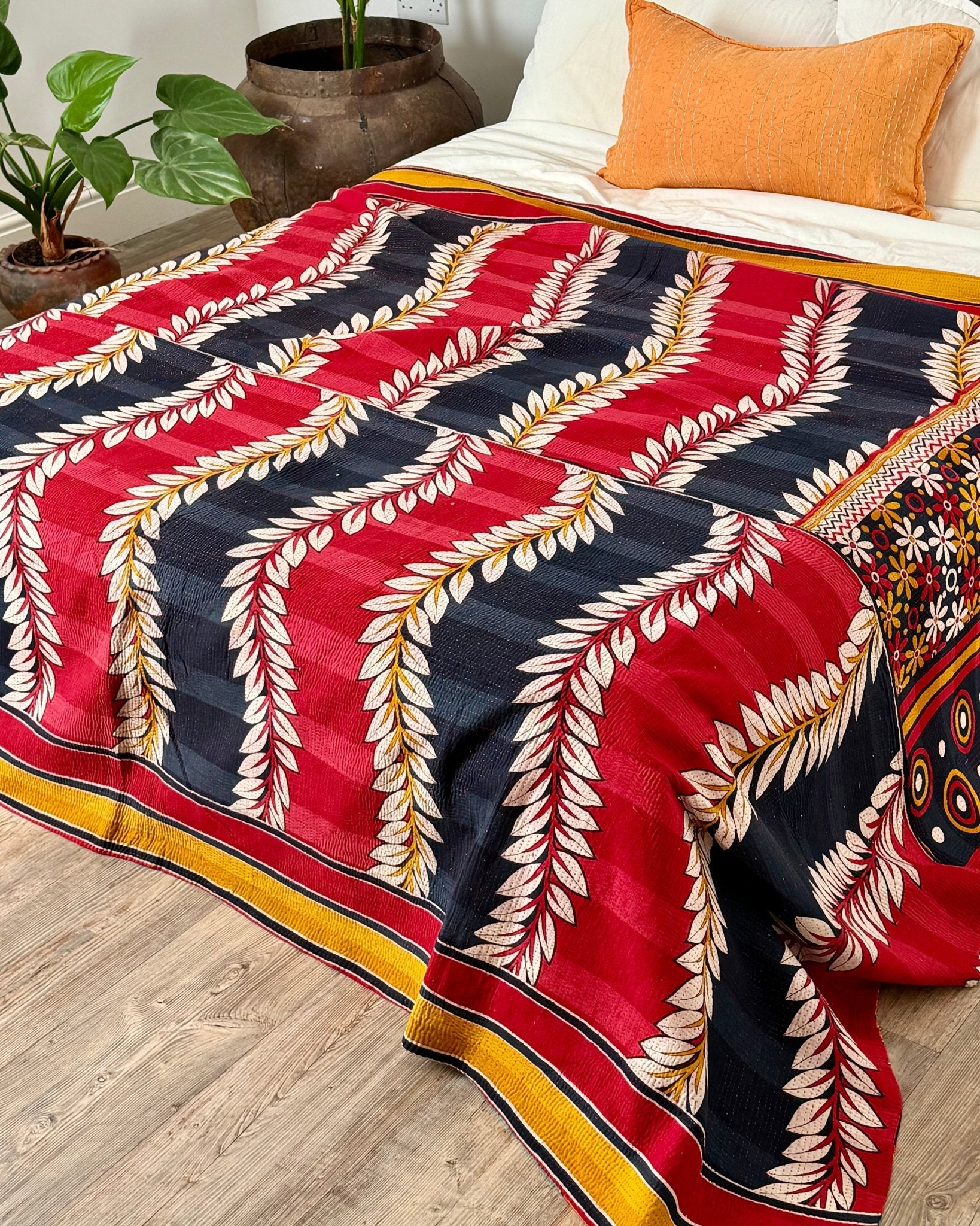 Extra Large Fine Stitched Vintage Kantha Quilt in Red, Navy and Green - Biggs & Hill
