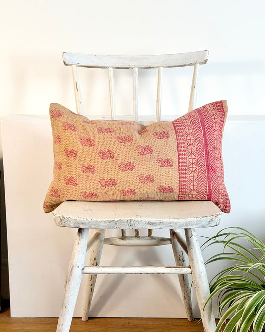 Vintage Kantha Cushion In Pink and Beige - Small Rectangular