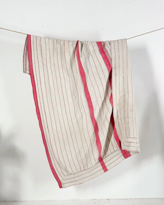 Embroidered Antique Vintage Kantha Quilt in White and Pink