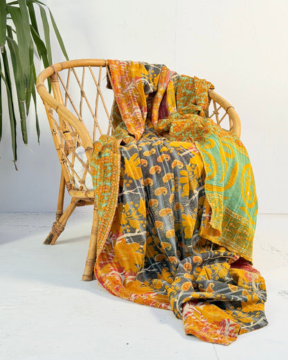 Extra Large Large Fine Stitched Vintage Kantha Quilt in Orange and Navy Blue
