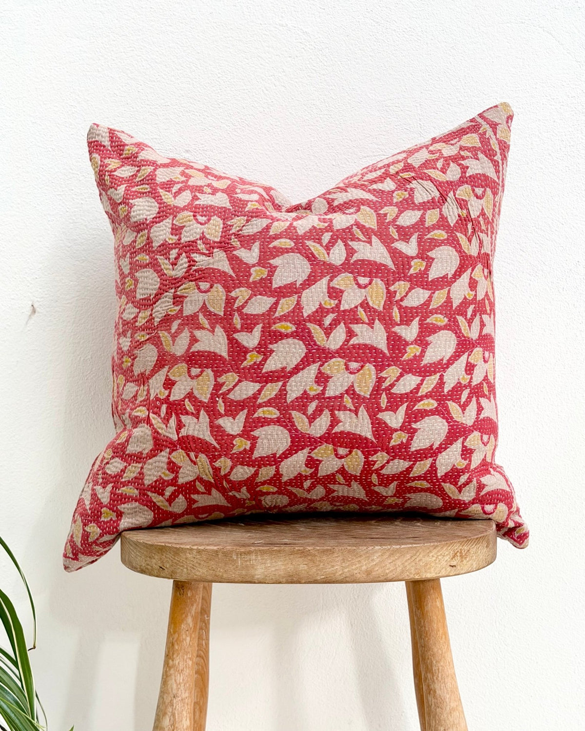 Handmade Vintage Kantha Cushion Cover In Pink Floral - 45cm (18") - Biggs & Hill