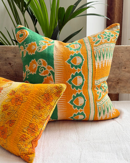 Vintage Kantha Cushion In Green and Orange- 45cm Square