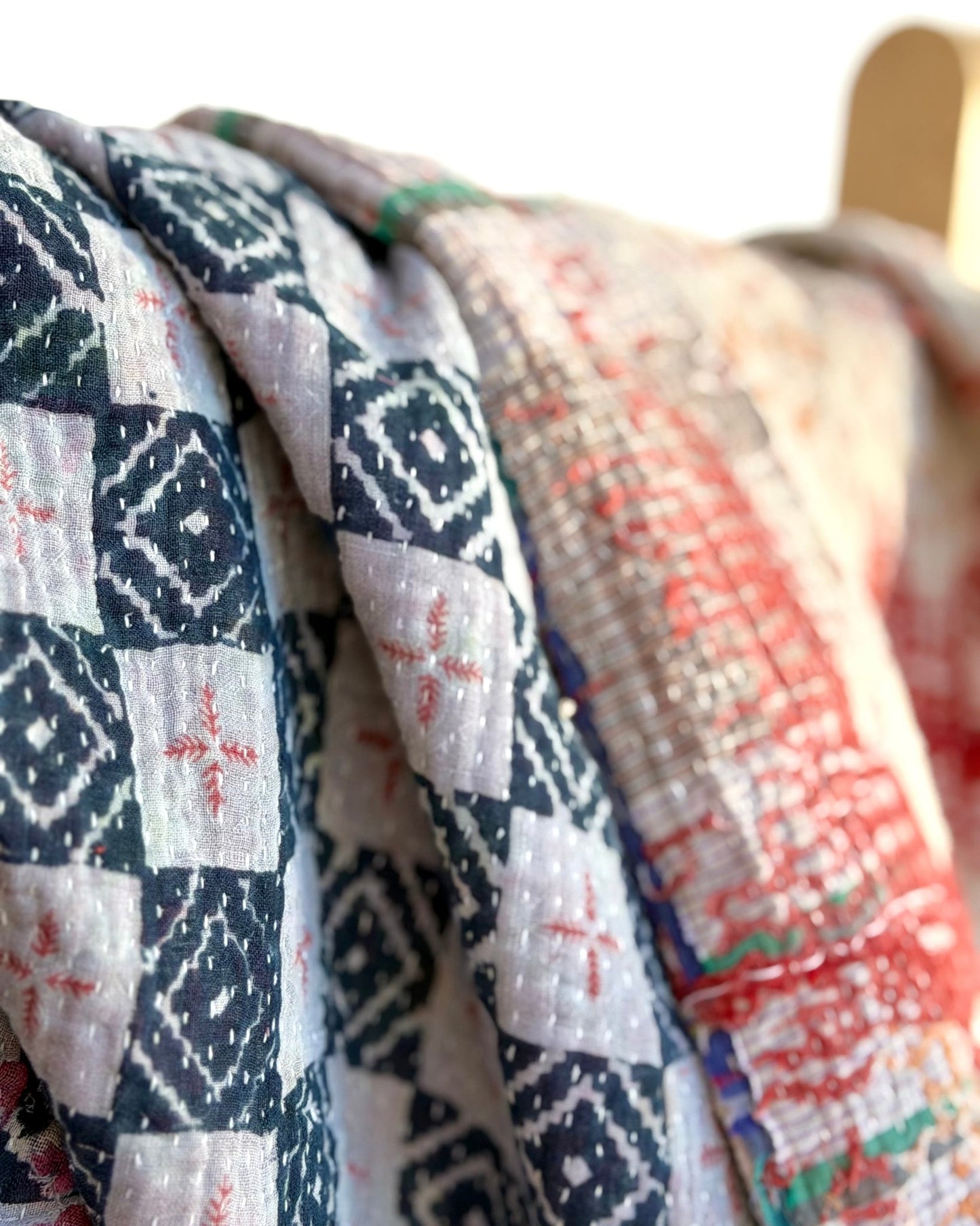 Extra Large Textured Vintage Kantha Quilt In Blue, Red and Green - Biggs & Hill