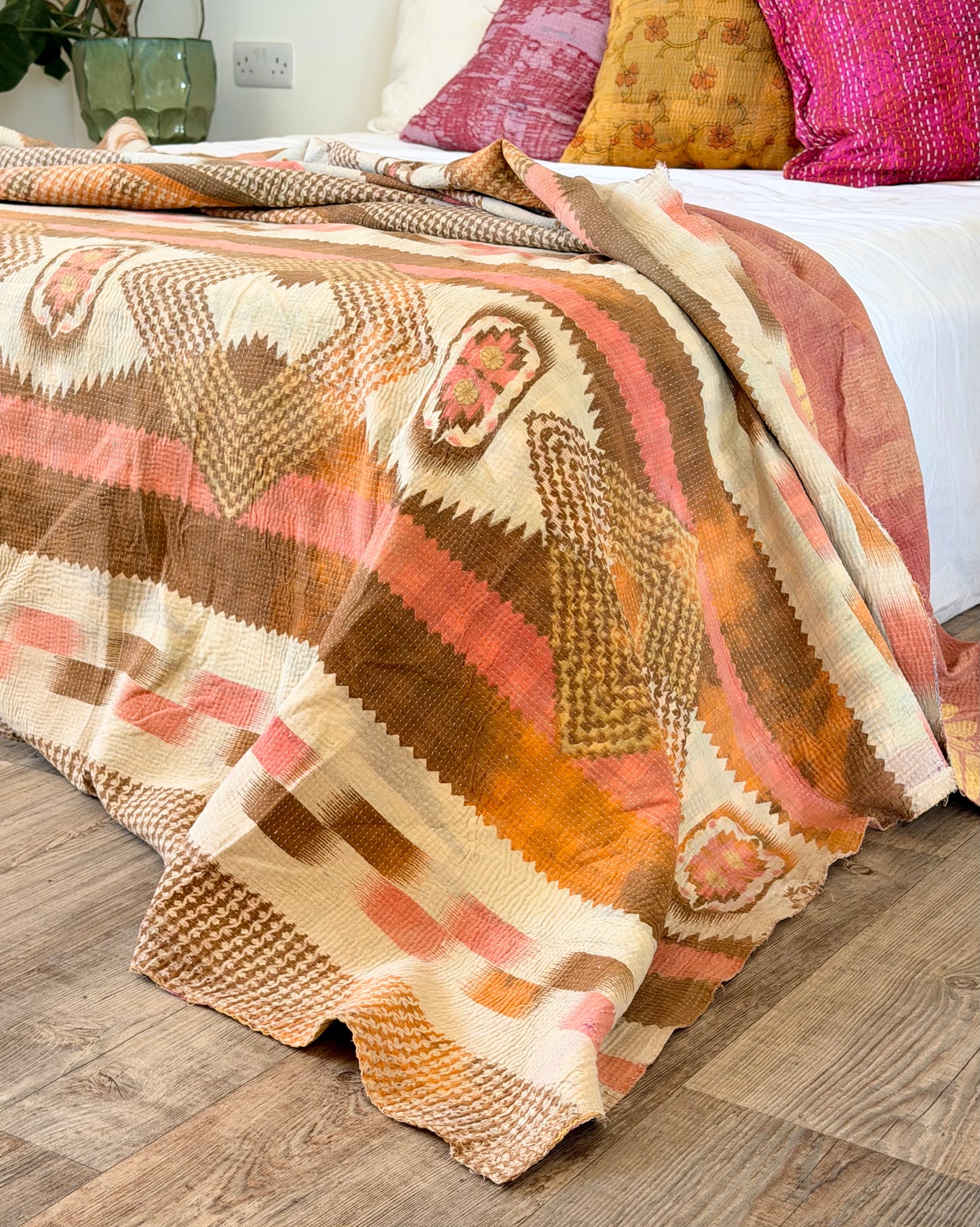 Large Fine Stitched Vintage Kantha Quilt in Peachy Pink Geometrics
