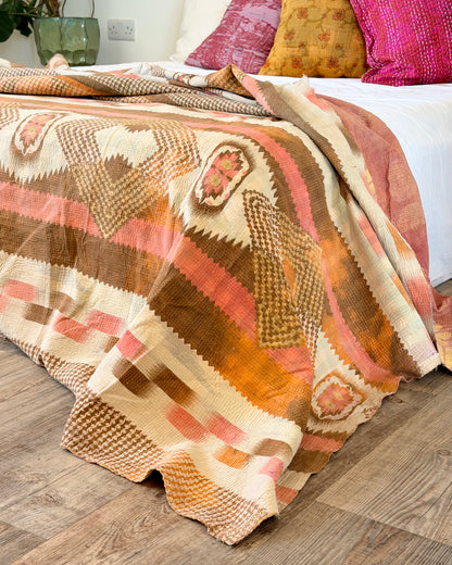 Large Fine Stitched Vintage Kantha Quilt in Peachy Pink Geometrics